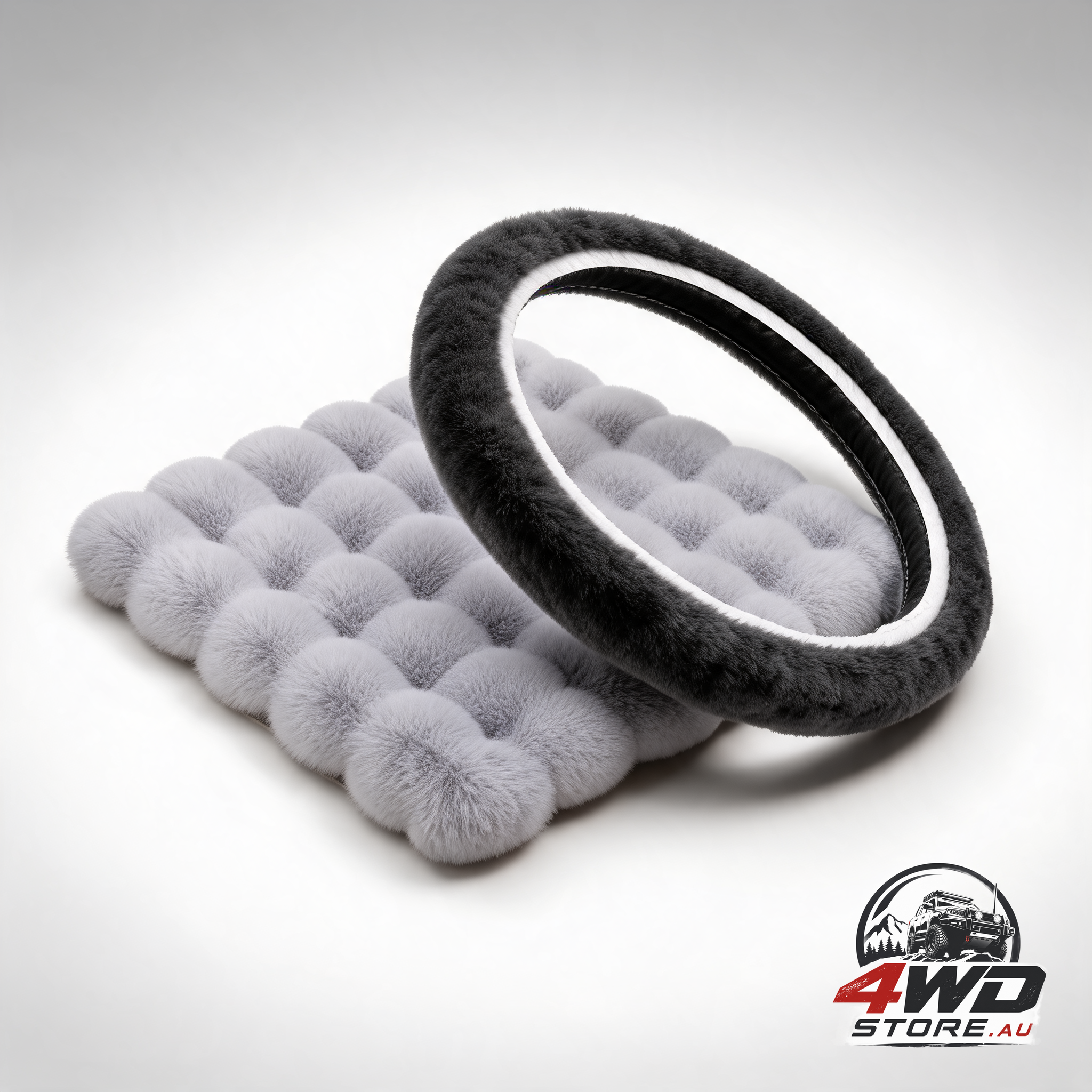 2-piece winter fluffy fleece car seat cushion and plush steering wheel cover, 38cm