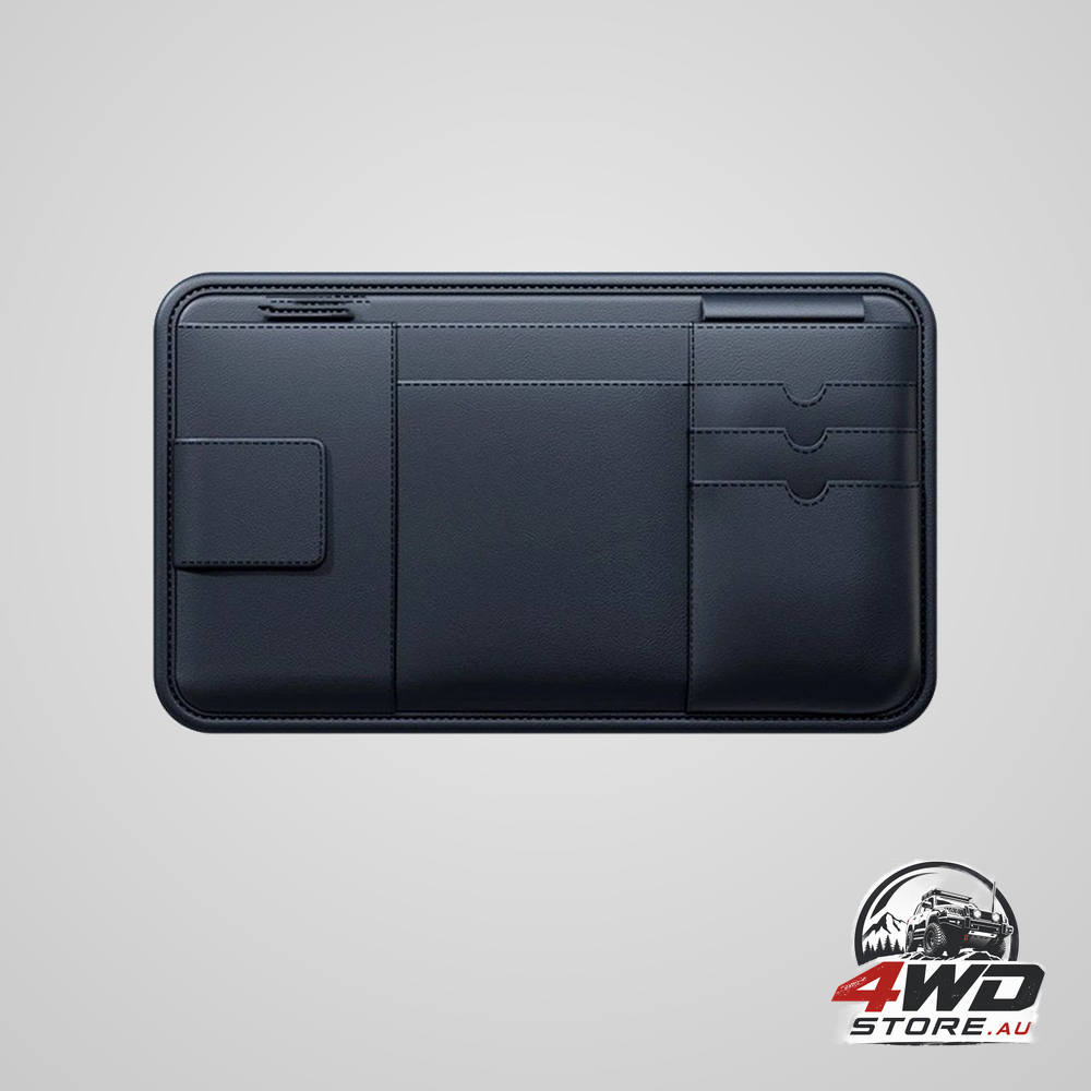 Premium leather car visor organiser with sunglasses, card and registration slot