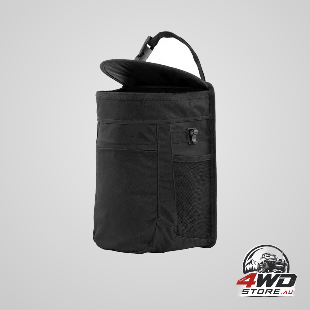 Spill-proof round car rubbish bin with leak-proof liner and flip-top lid, black