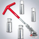 Universal T-handle spark plug socket wrench set with flexible joint, silver