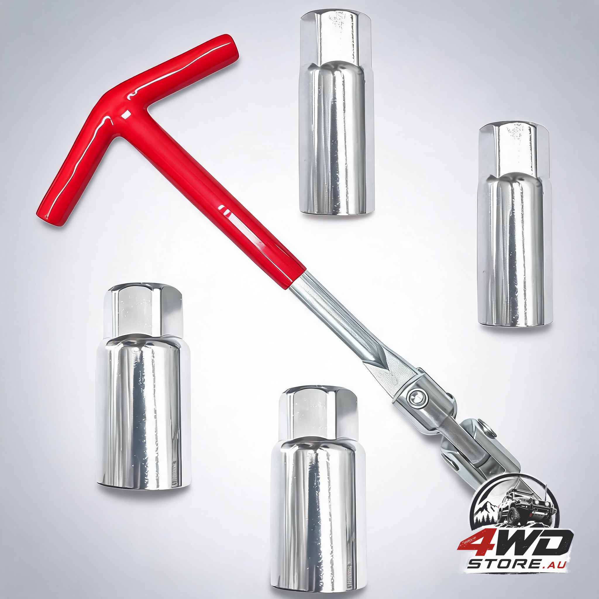 Universal T-handle spark plug socket wrench set with flexible joint, silver