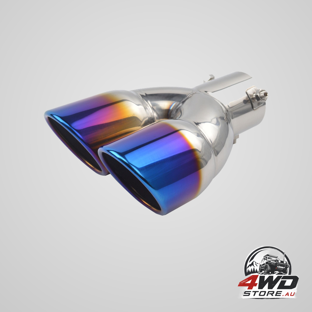 Universal bolt-on dual tube exhaust muffler, chrome, blue curved