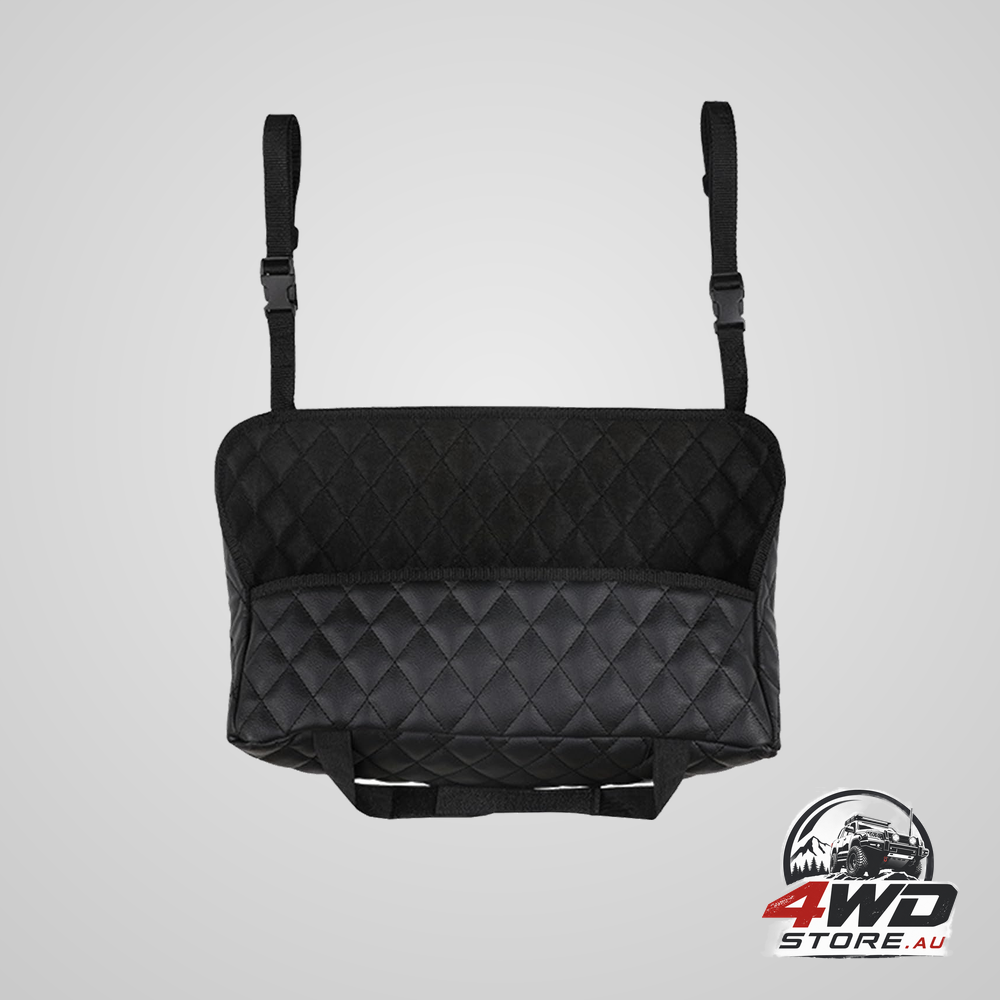 Leather car purse holder and seat back storage barrier netting pouch