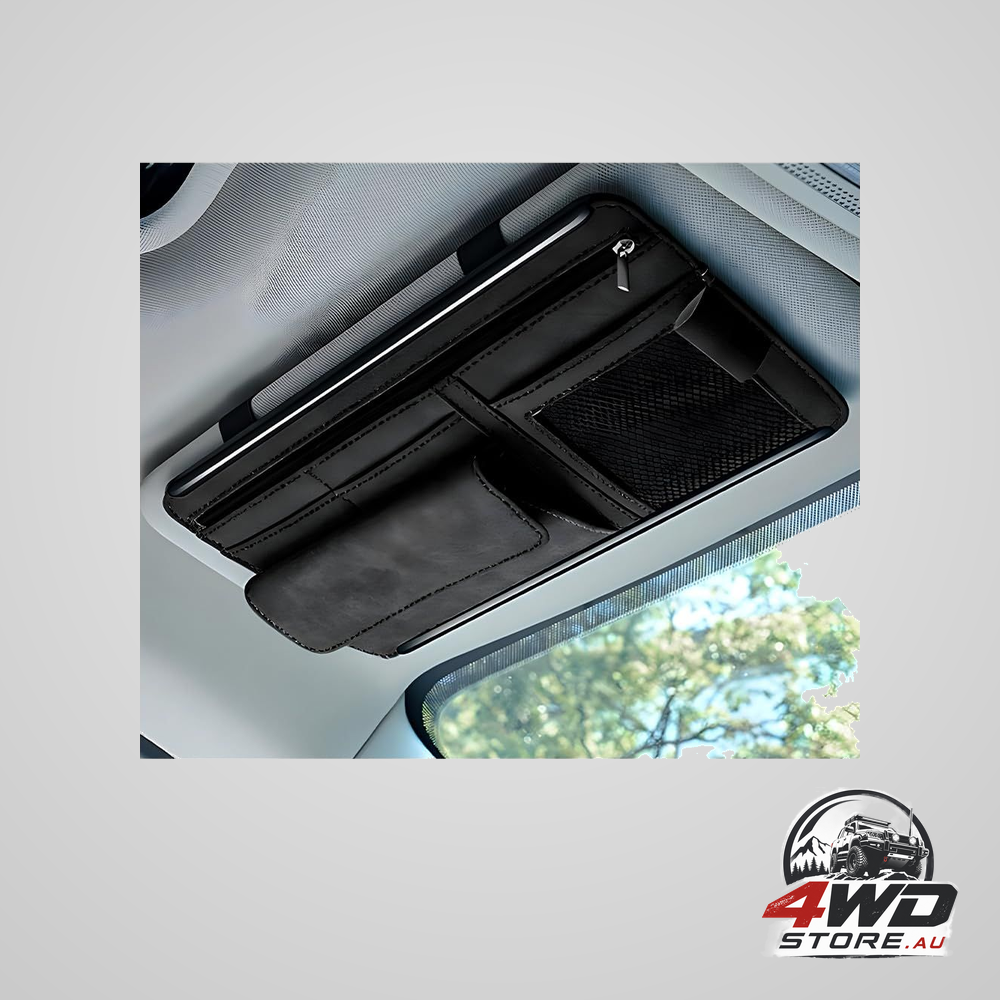 Soft leather car sun visor organiser with eyeglasses and card holder, black