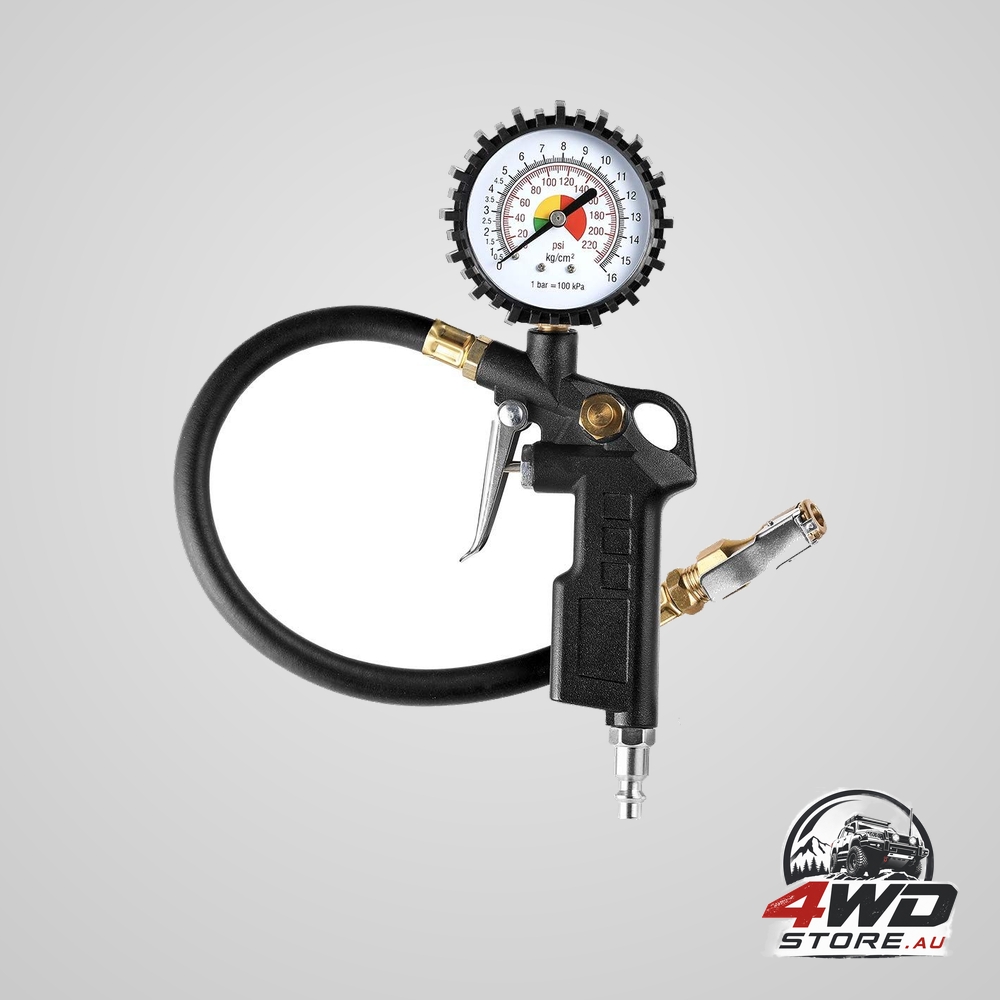 Tyre inflator and deflator dial pressure gauge with brass lock-on chuck and hose