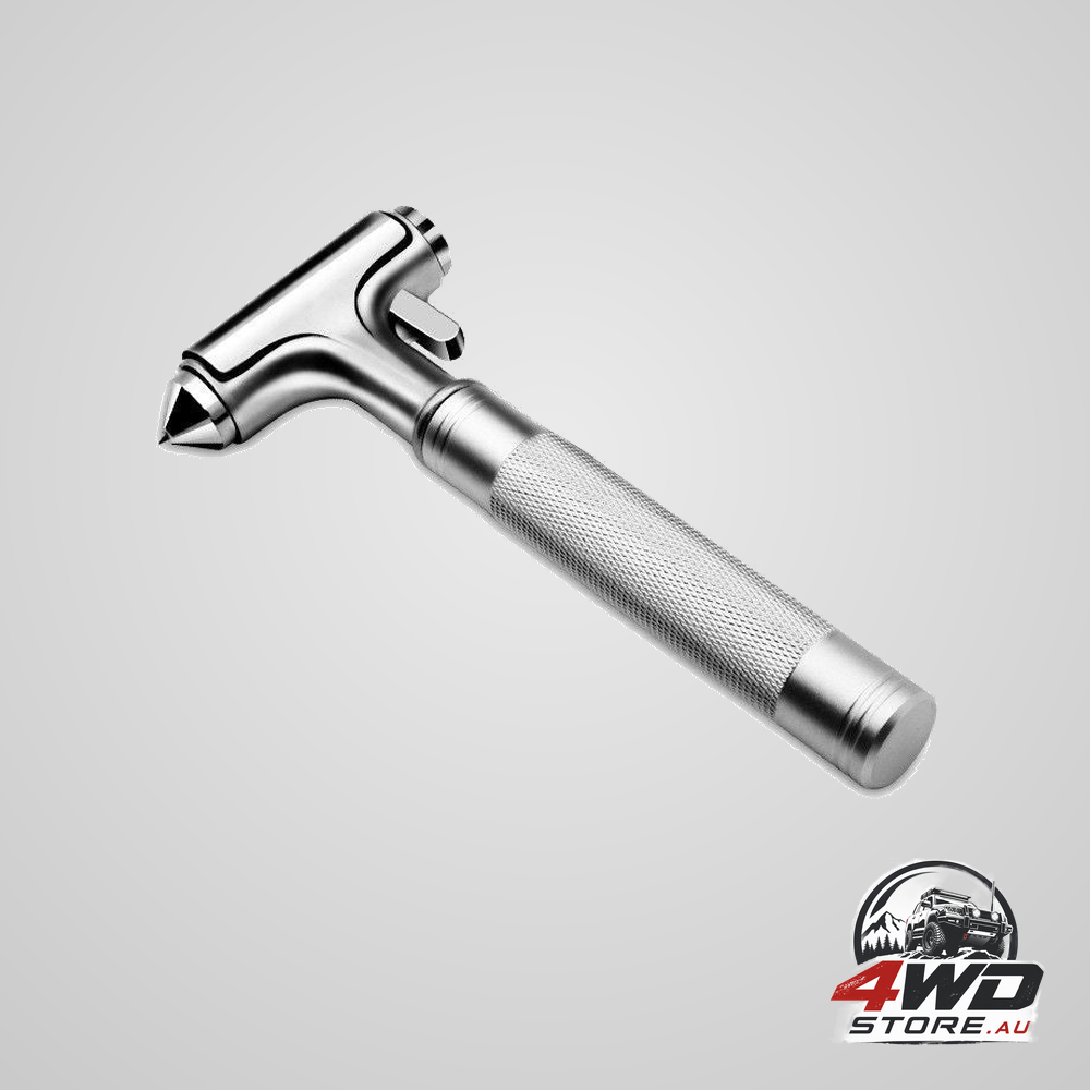 Metal car safety hammer with window breaker and seatbelt cutter