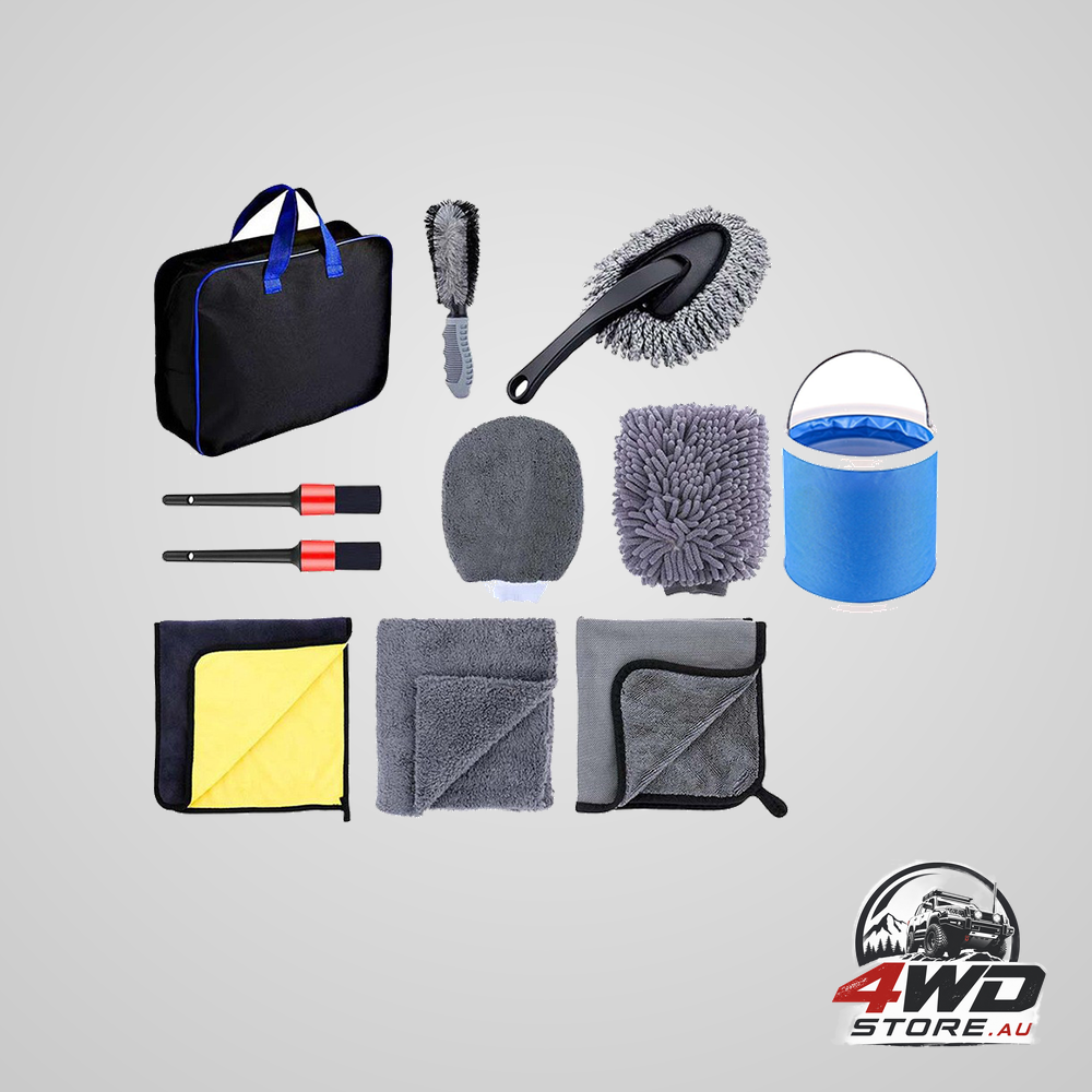 11-piece car wash and detailing kit with 9L collapsible bucket and microfibre towels