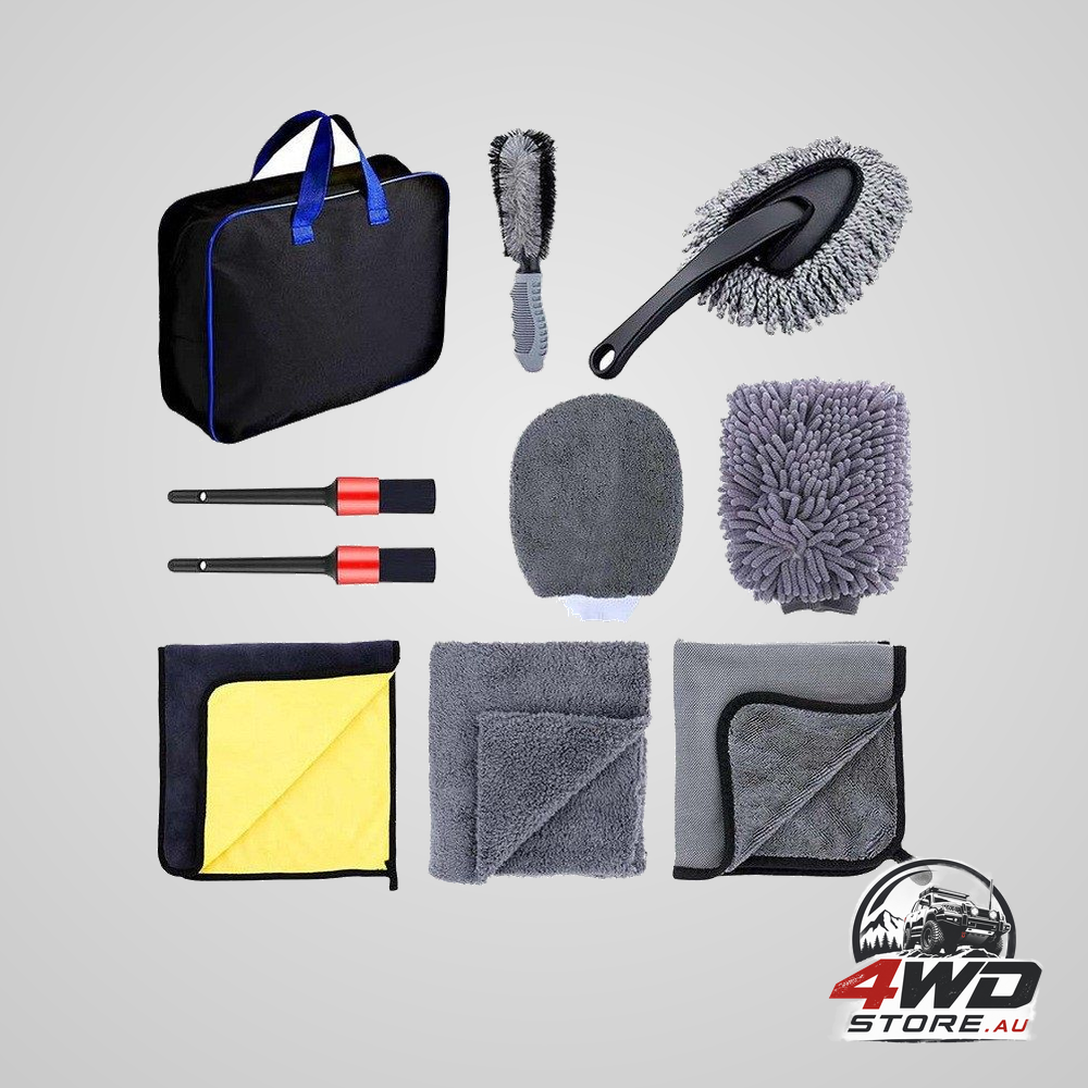 10-piece car cleaning kit with microfibre accessories, wheel brush and drying towel