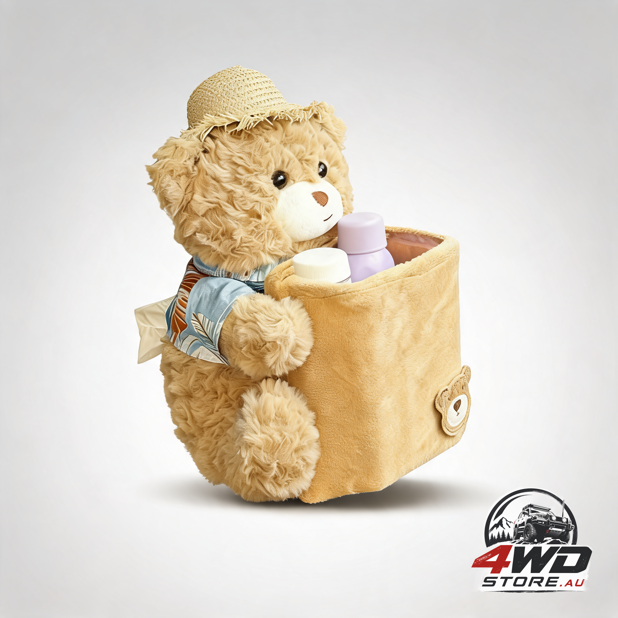 Cute plush 2-in-1 car tissue box and rubbish bin, straw hat teddy bear