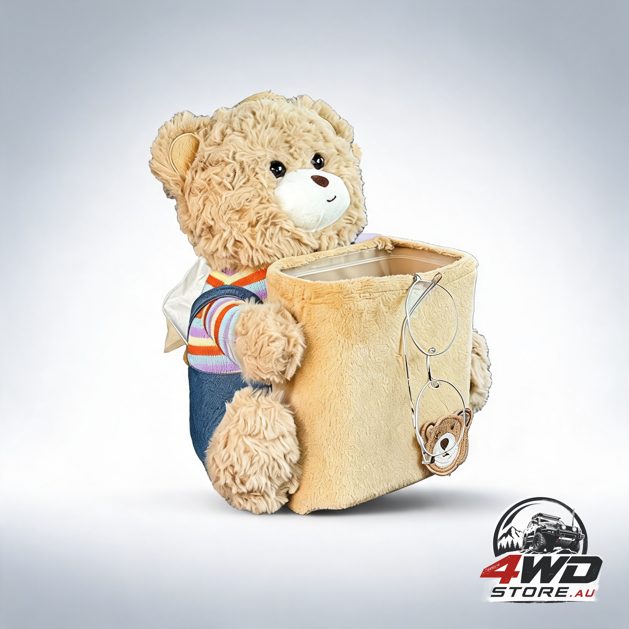 Cute car rubbish bin with tissue holder, plush rainbow teddy bear organiser