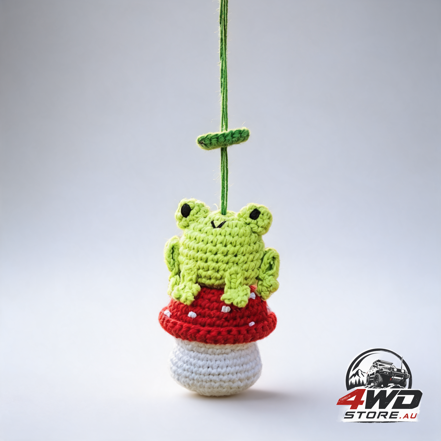 Crochet frog and mushroom ornament accessories for rear view window