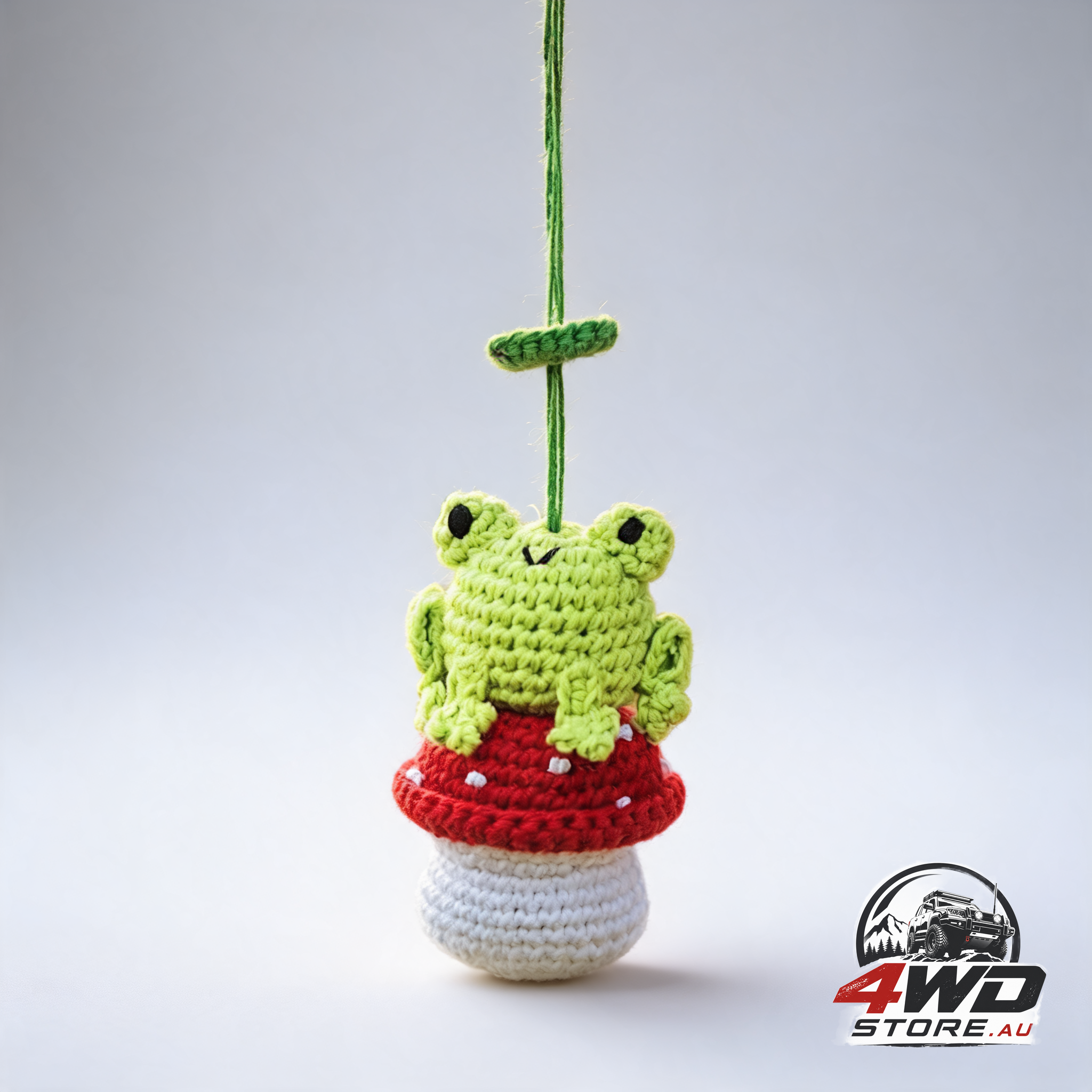Crochet frog and mushroom ornament accessories for rear view window