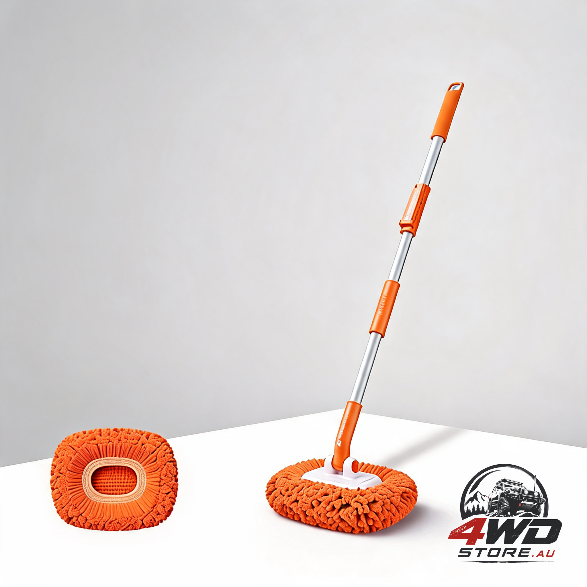 Orange 21° curved car wash mop and snow scraper with 180° rotating detachable pole & 2 x extra large microfiber brush cover