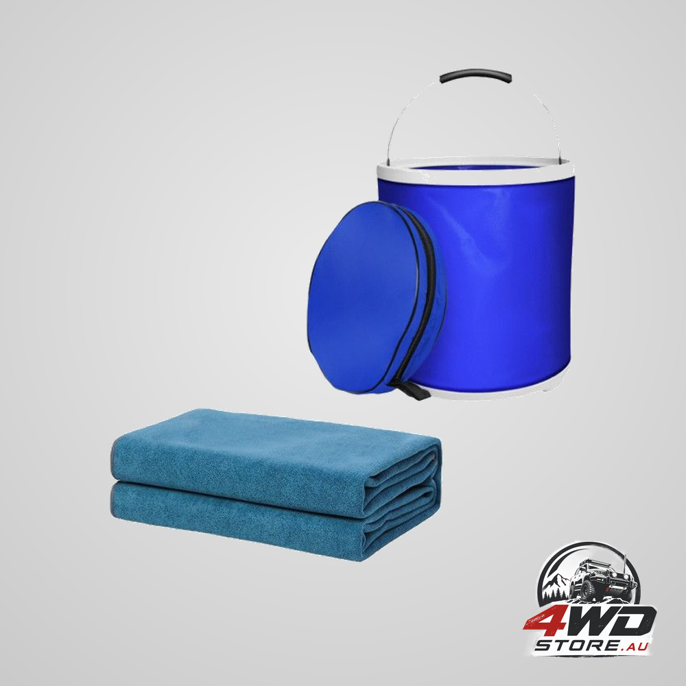 Blue microfiber car cleaning towel and 20L foldable self standing water bucket combo set