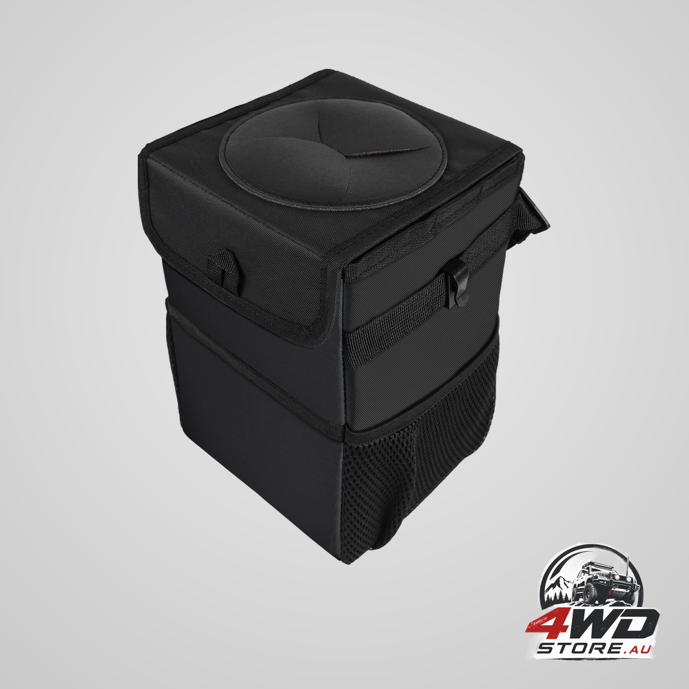 Waterproof foldable car trash can and organiser with dual side pockets & odour control lid