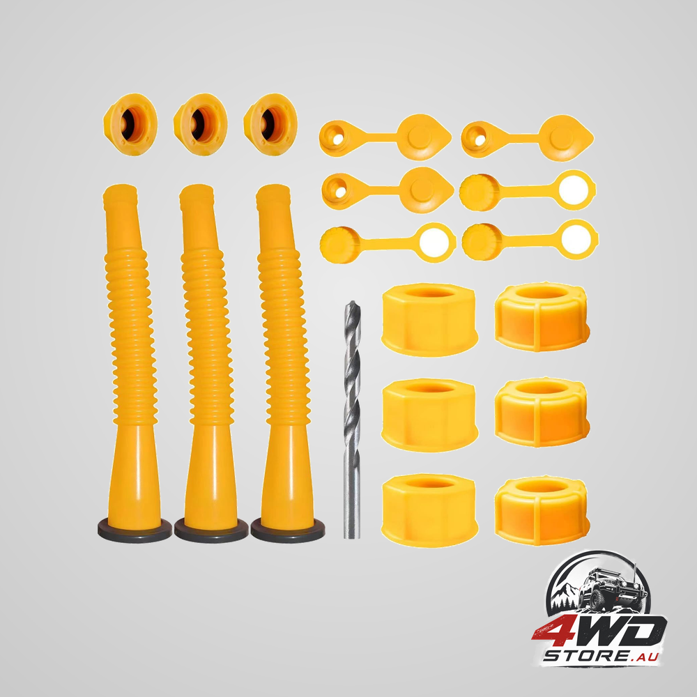 3-Pack fuel can spout kit with flexible yellow spouts coarse & fine threaded caps