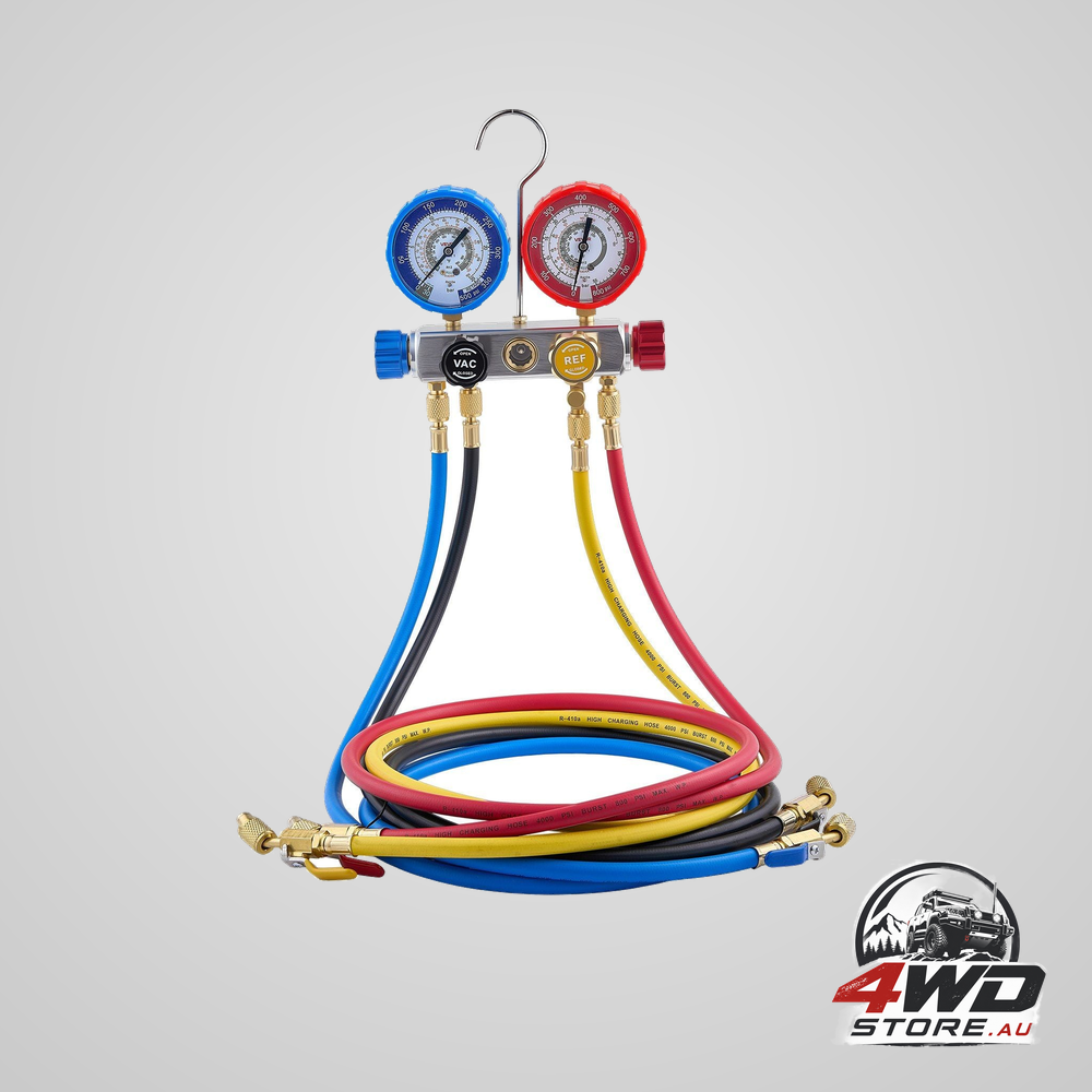 AC manifold gauge set for R22, R404A, R410A and R12 with 4 way gauges and 1.5m hoses