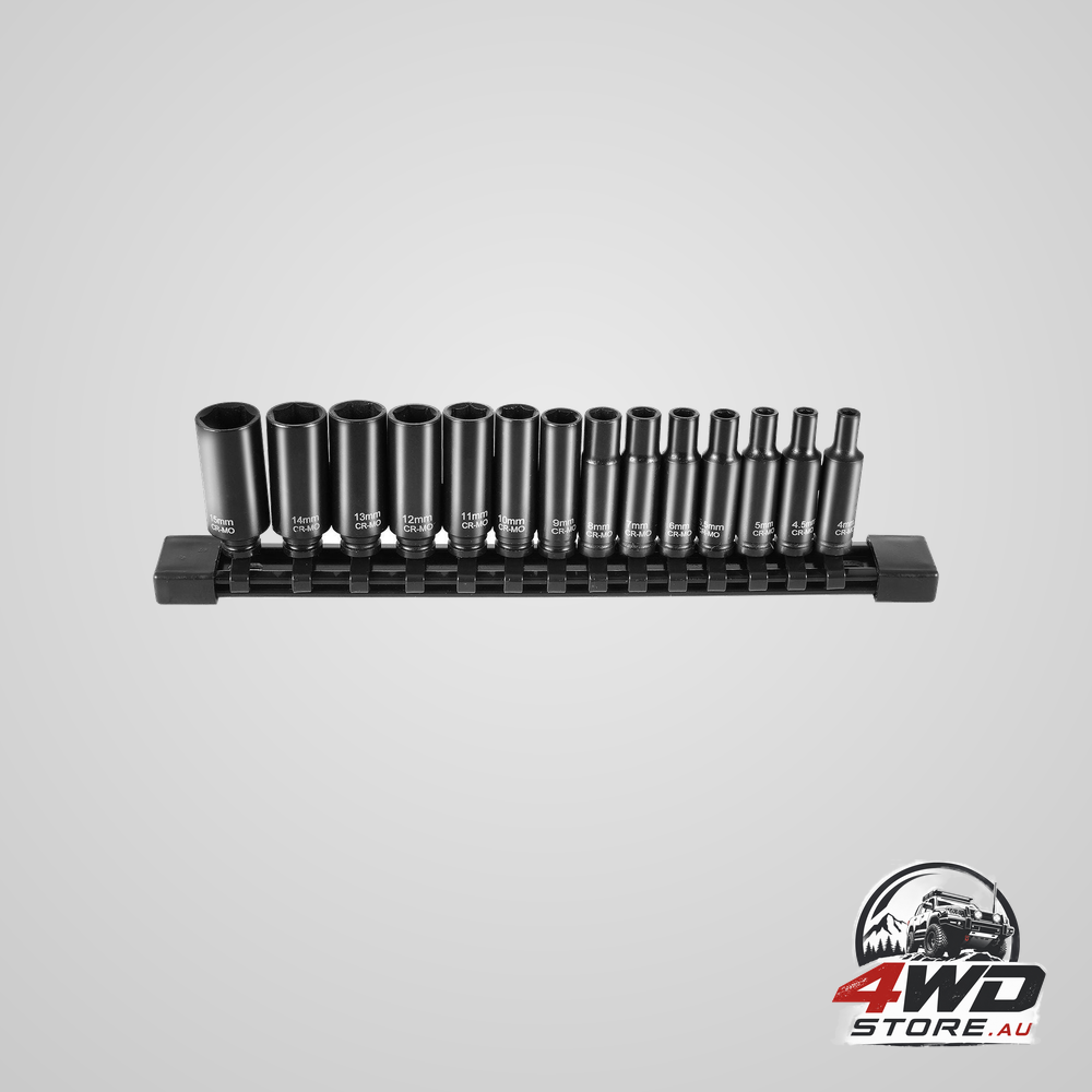 1/4 inch drive impact socket set, 14 piece deep metric 4-15 mm 6 point Cr-Mo