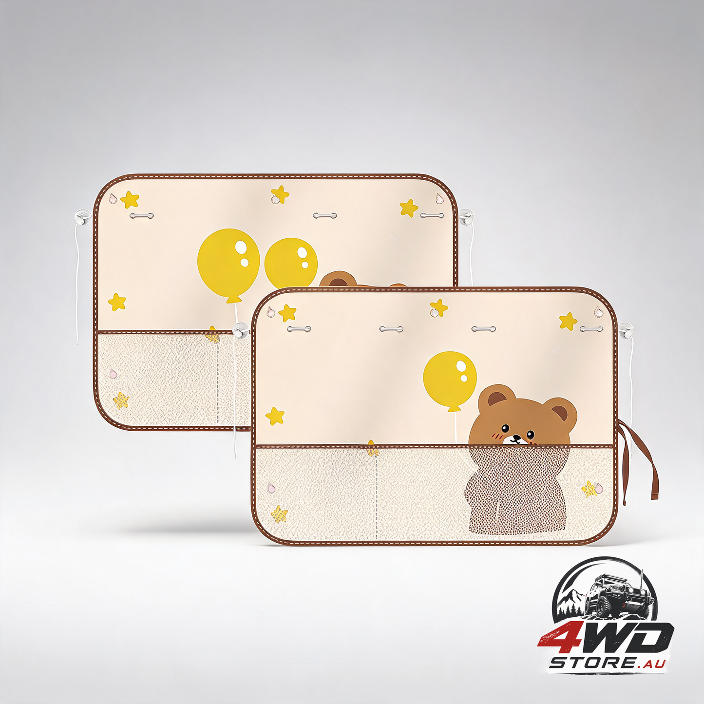 Cute bear car sunshade set of 2 side window curtains with mesh pockets, beige