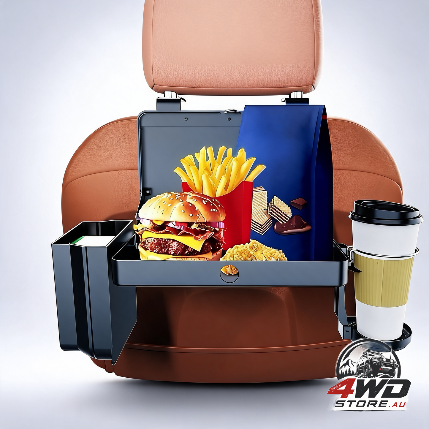 Foldable car backseat tray table with cup holder, snack tray and phone stand, black