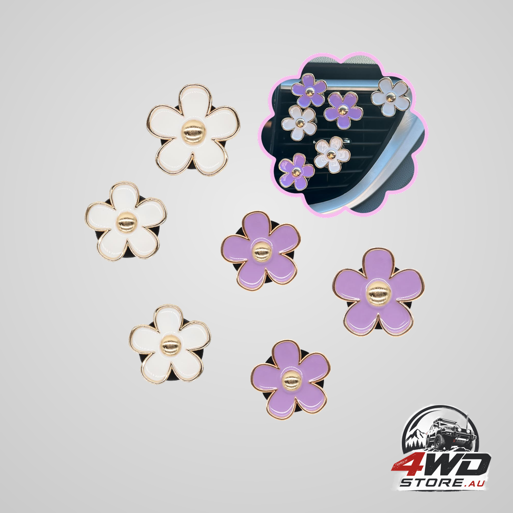 6 piece purple and white daisy flower car vent clips, refillable diffuser