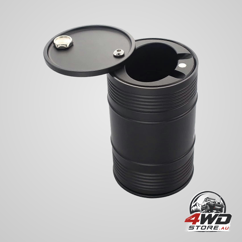 Metal car ashtray shaped like an oil barrel for cup holder, interior accessory