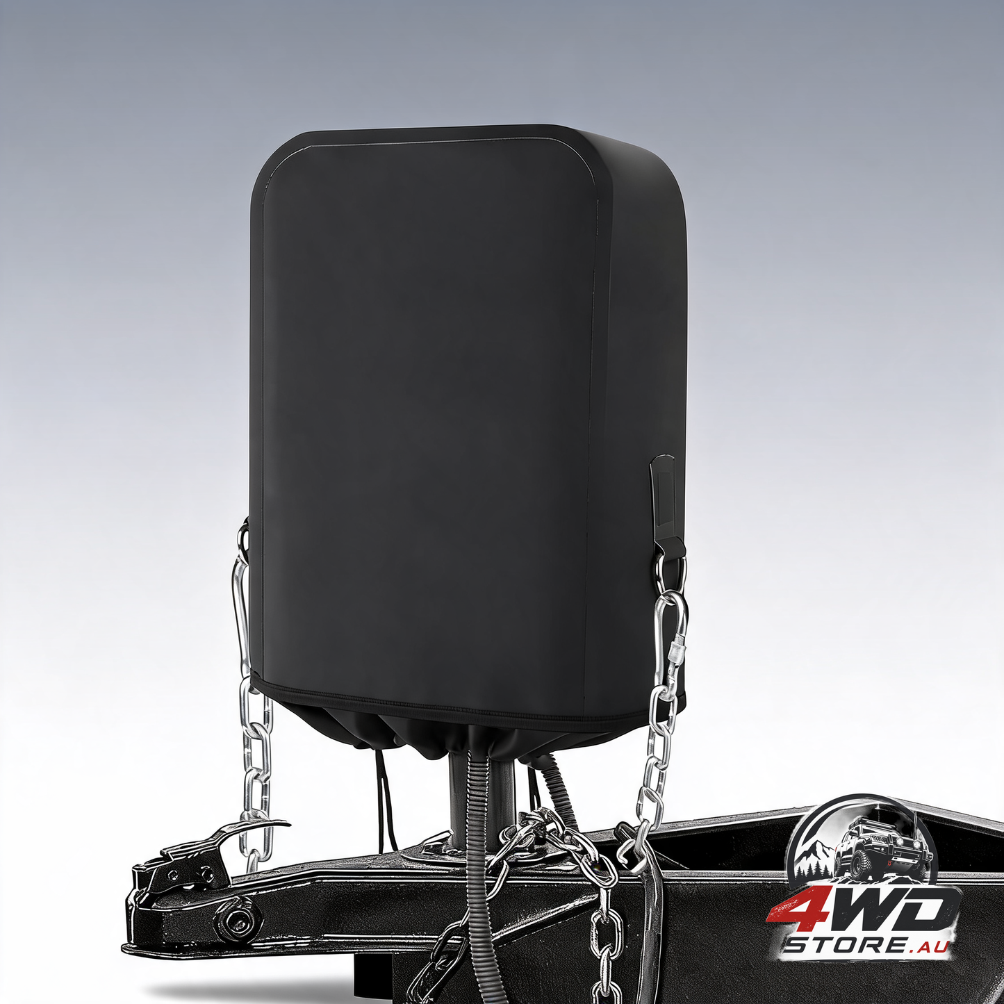 RV electric tongue jack cover, heavy duty waterproof with chain hooks, black