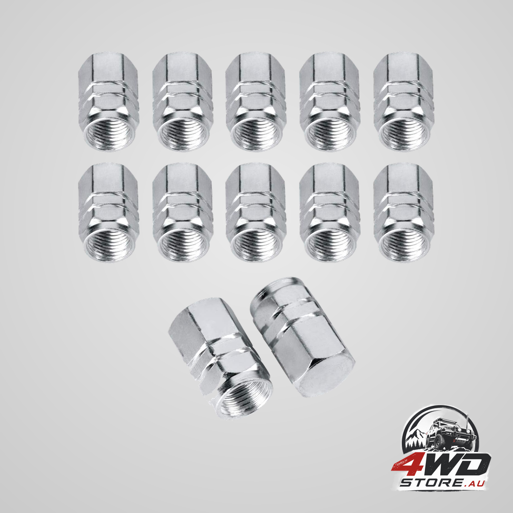 Aluminium chrome tyre valve stem caps, 12 pack, silver