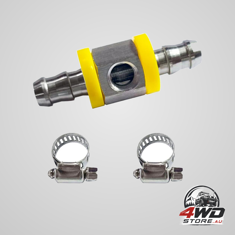 3/8 inch fuel line barbed T-fitting adapter with 1/8-27 NPT port, stainless steel
