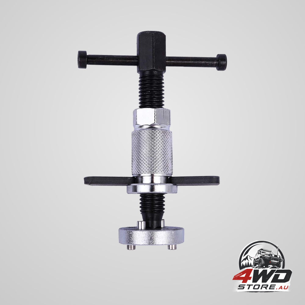 Brake caliper piston rewind tool with dual pin compression for brake pad replacement
