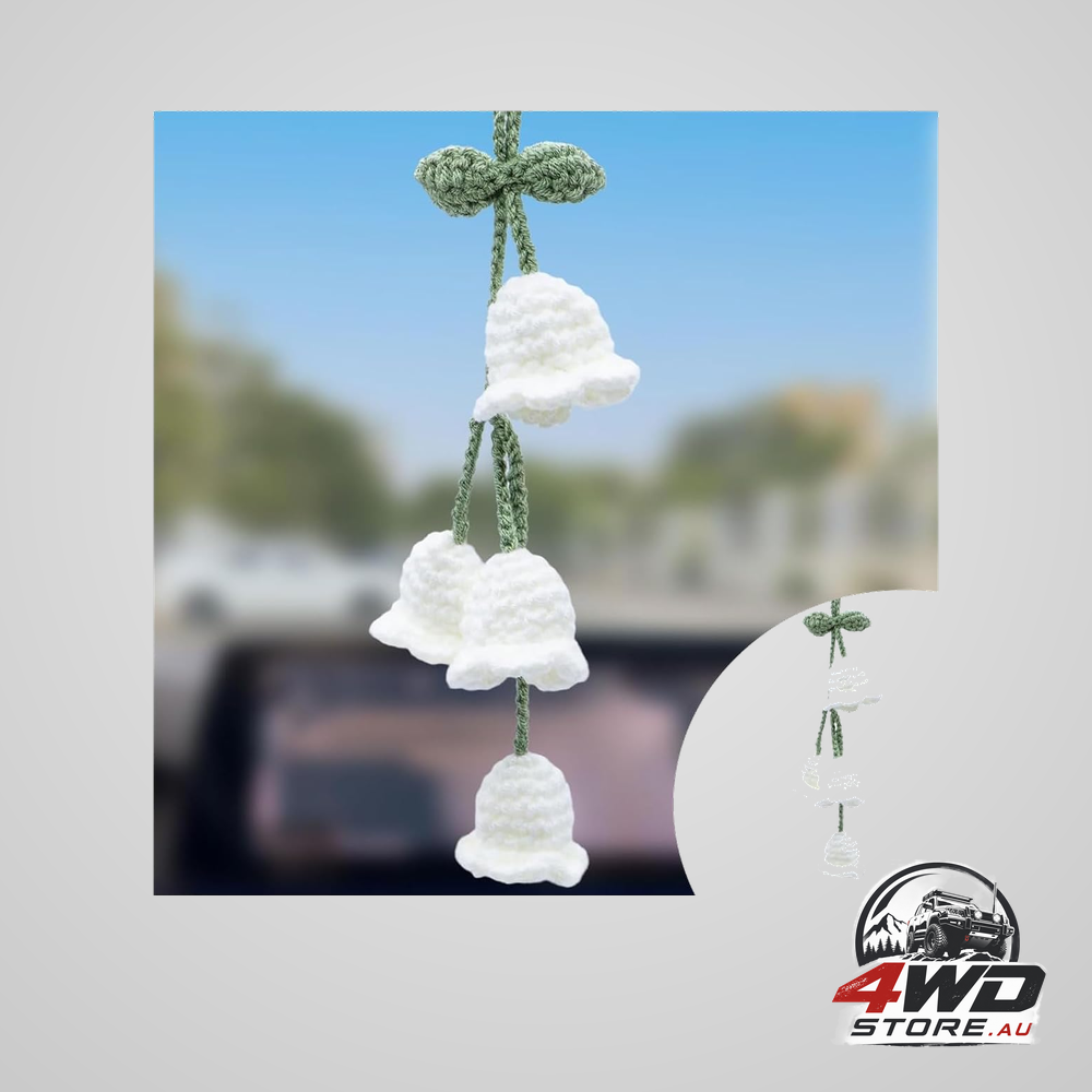 Crochet Suzuran car rearview mirror charm, handmade knitted hanging accessory, white