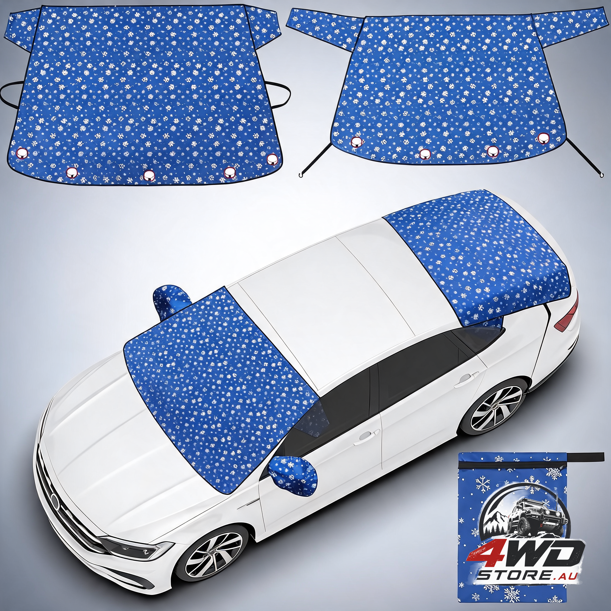 2 pcs 600D Oxford windshield cover set for ice and snow, blue snowflake, with wing mirror covers