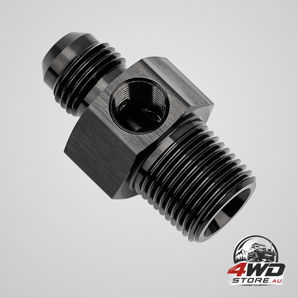 6AN to 3/8 NPT fuel pressure take-off adapter with 1/8 inch NPT gauge port, aluminium