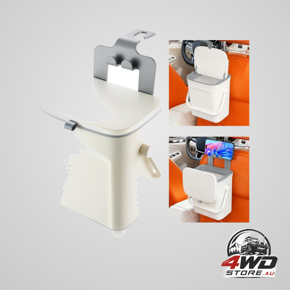 Car trash can with lid and phone holder, waterproof leakproof hanging vehicle bin, white