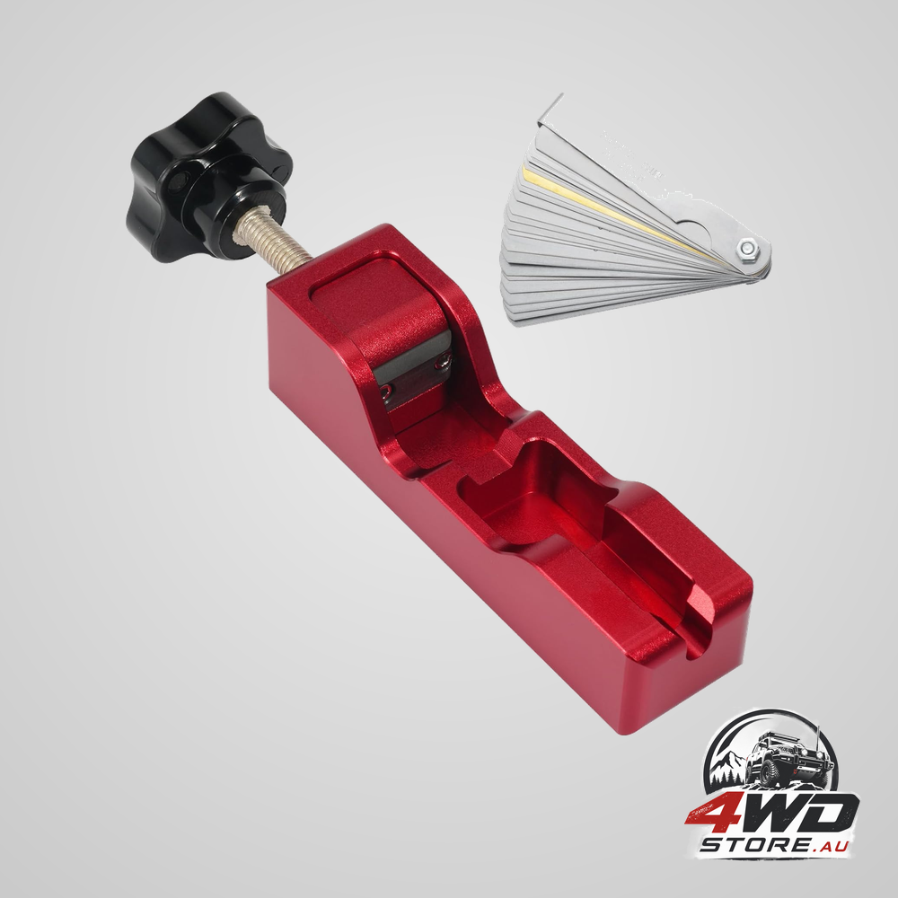 Spark plug gap tool with 32 blade steel feeler gauge for 10mm to 16mm plugs, red