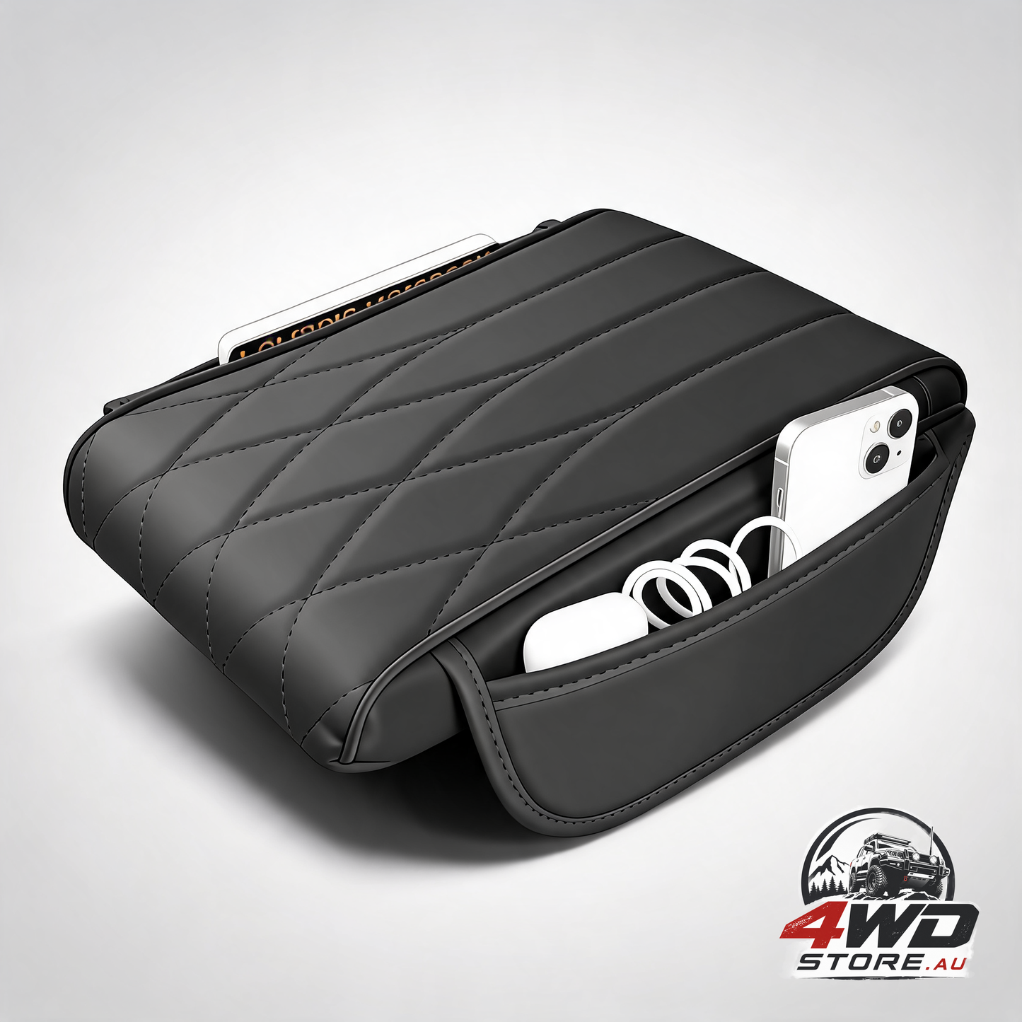 Car center console cover pad, universal leather waterproof armrest with 2 storage bags, black