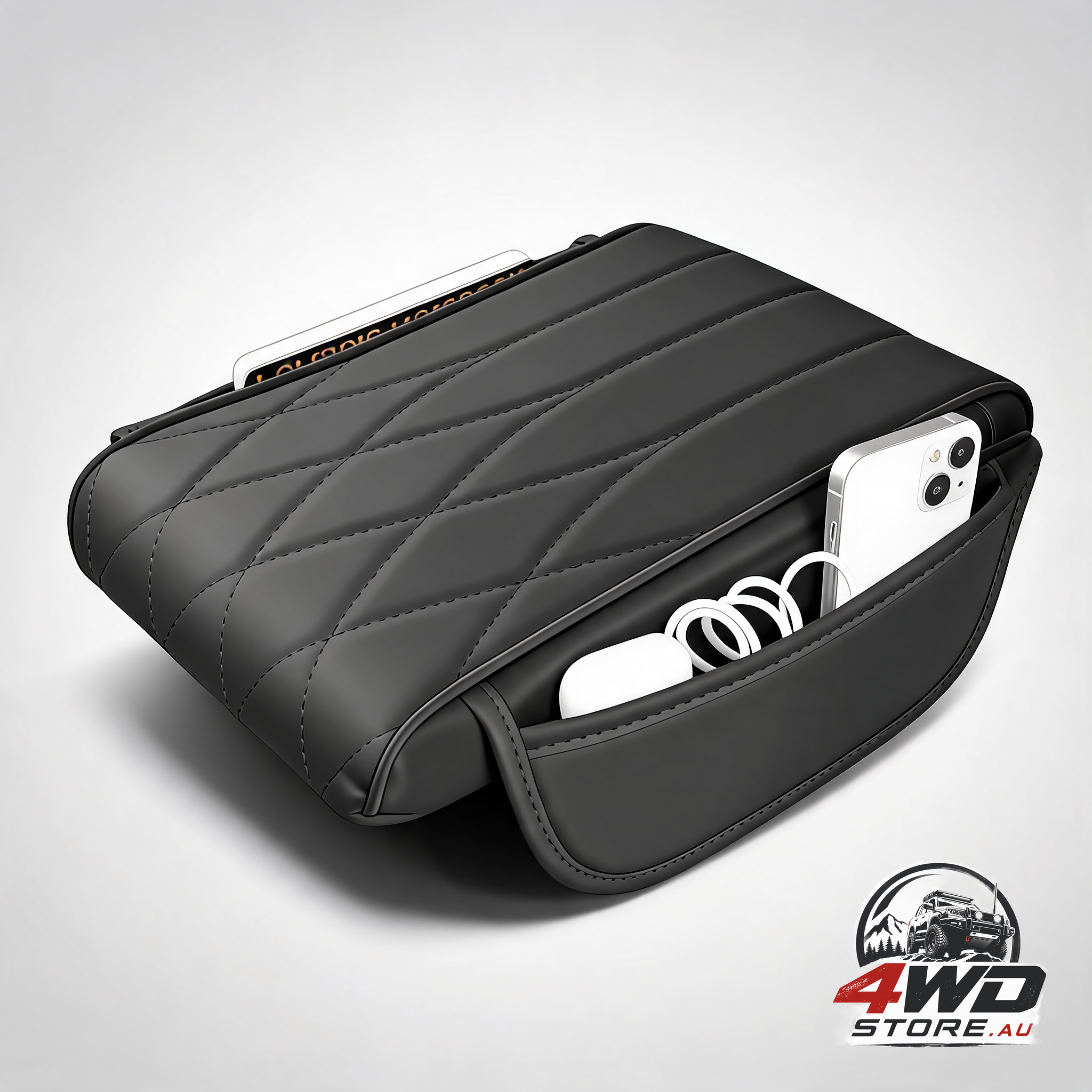 Car center console cover pad, universal leather waterproof armrest with 2 storage bags, black
