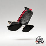 Car visor sunglasses holder, leather magnetic buckle clip with ticket card storage, black and red