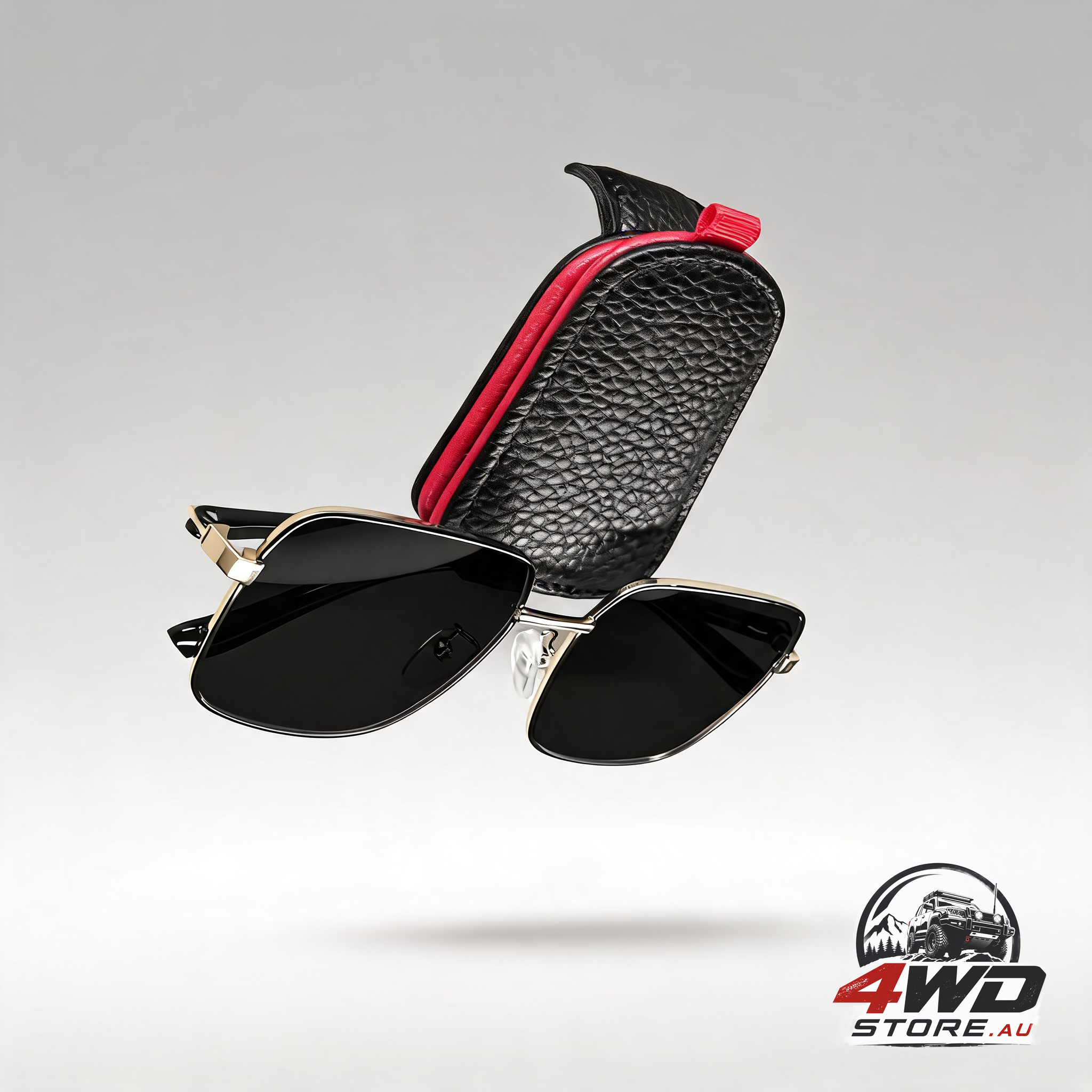 Car visor sunglasses holder, leather magnetic buckle clip with ticket card storage, black and red