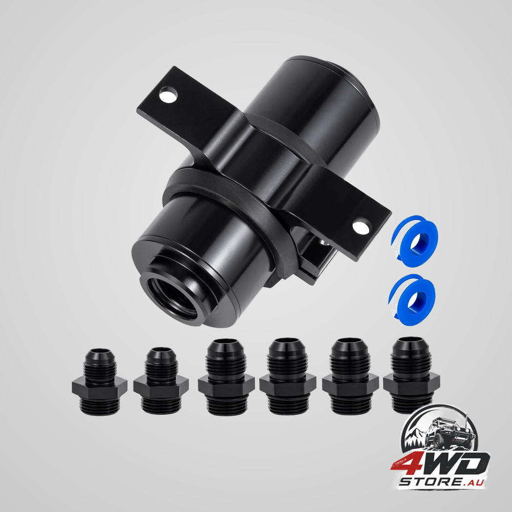 Inline fuel filter 10 micron with 6AN 8AN 10AN adapters and 50mm bracket clamp, black