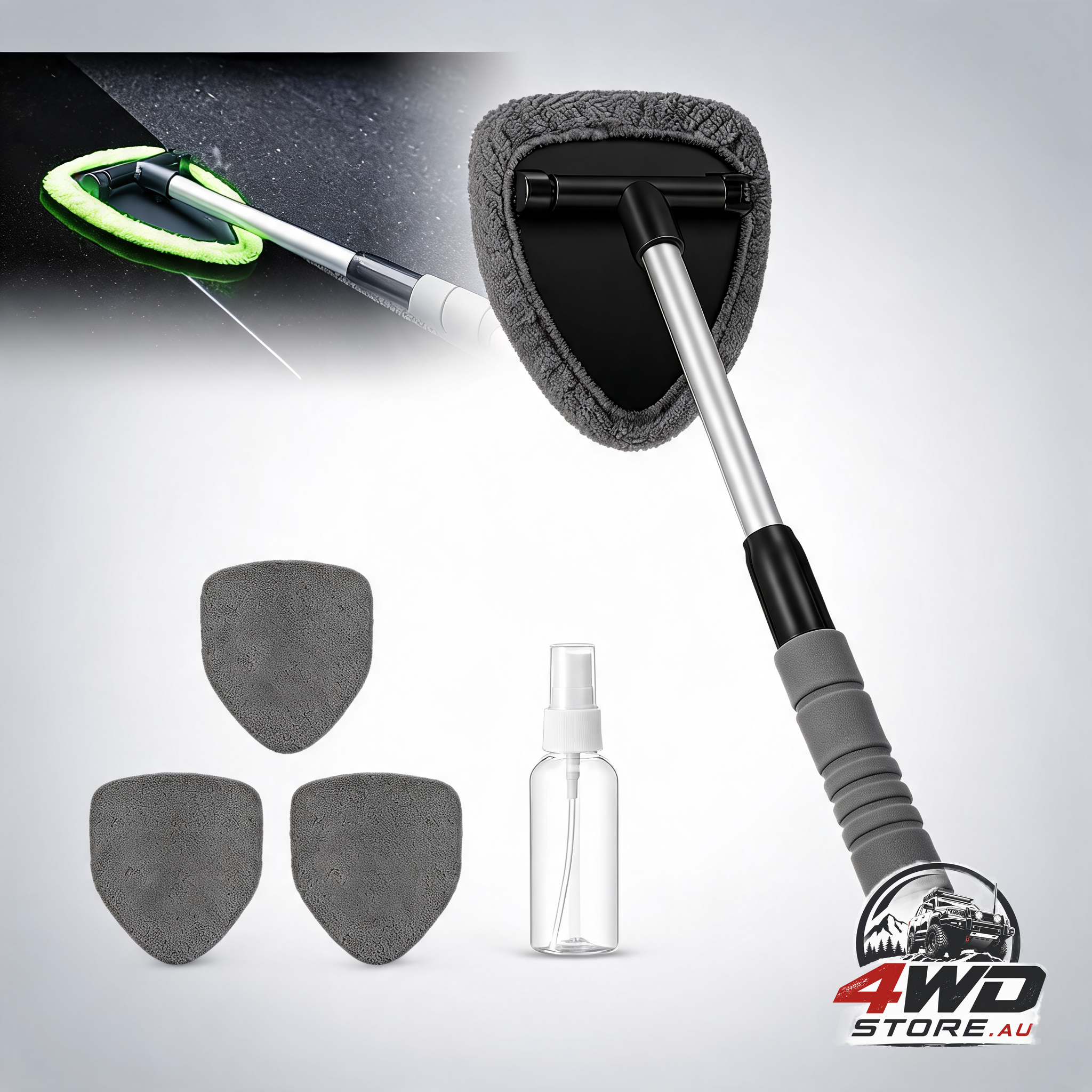 Microfibre car windshield cleaner tool with reusable pads and extendable handle, black