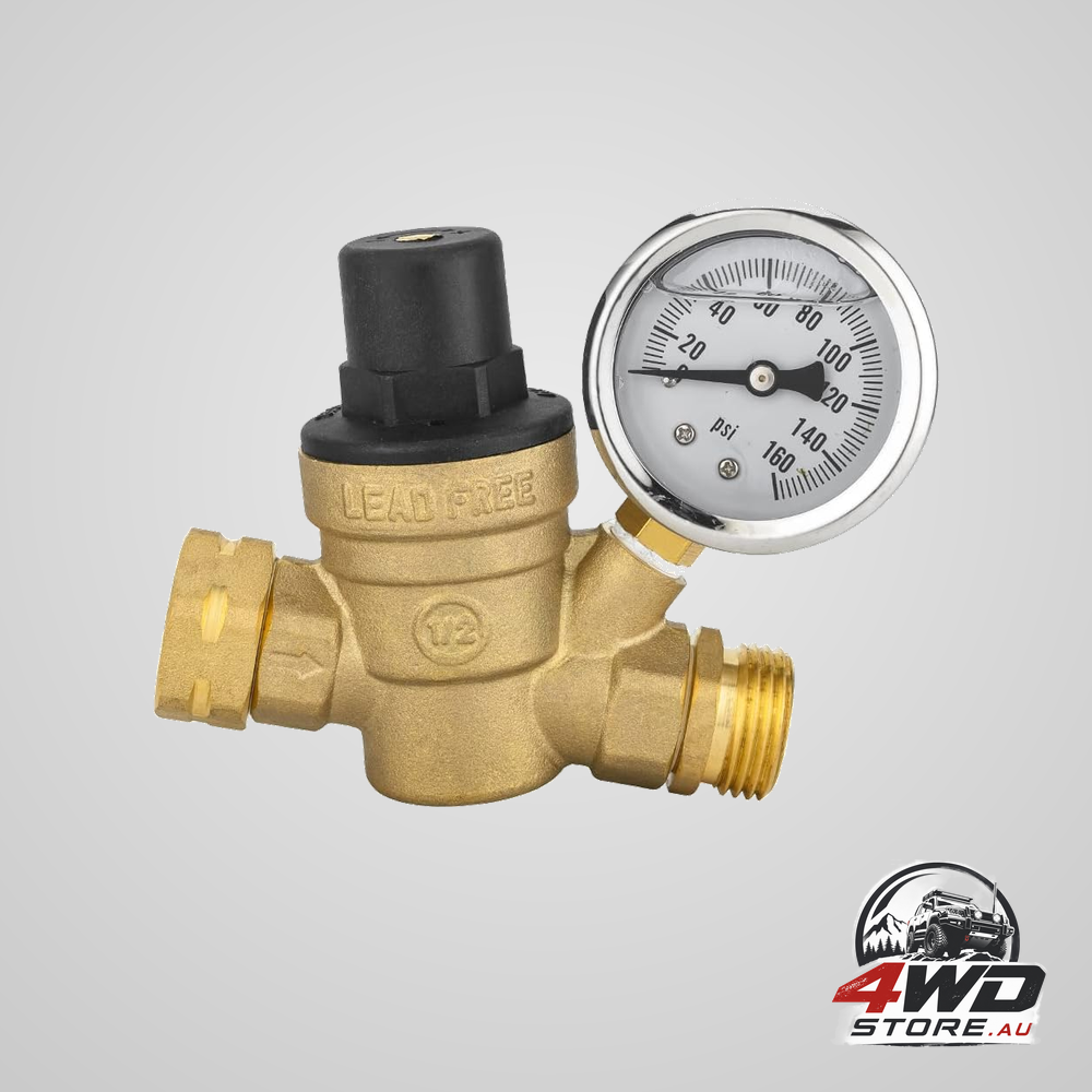 Adjustable RV water pressure regulator valve with gauge and inlet screen filter for campers