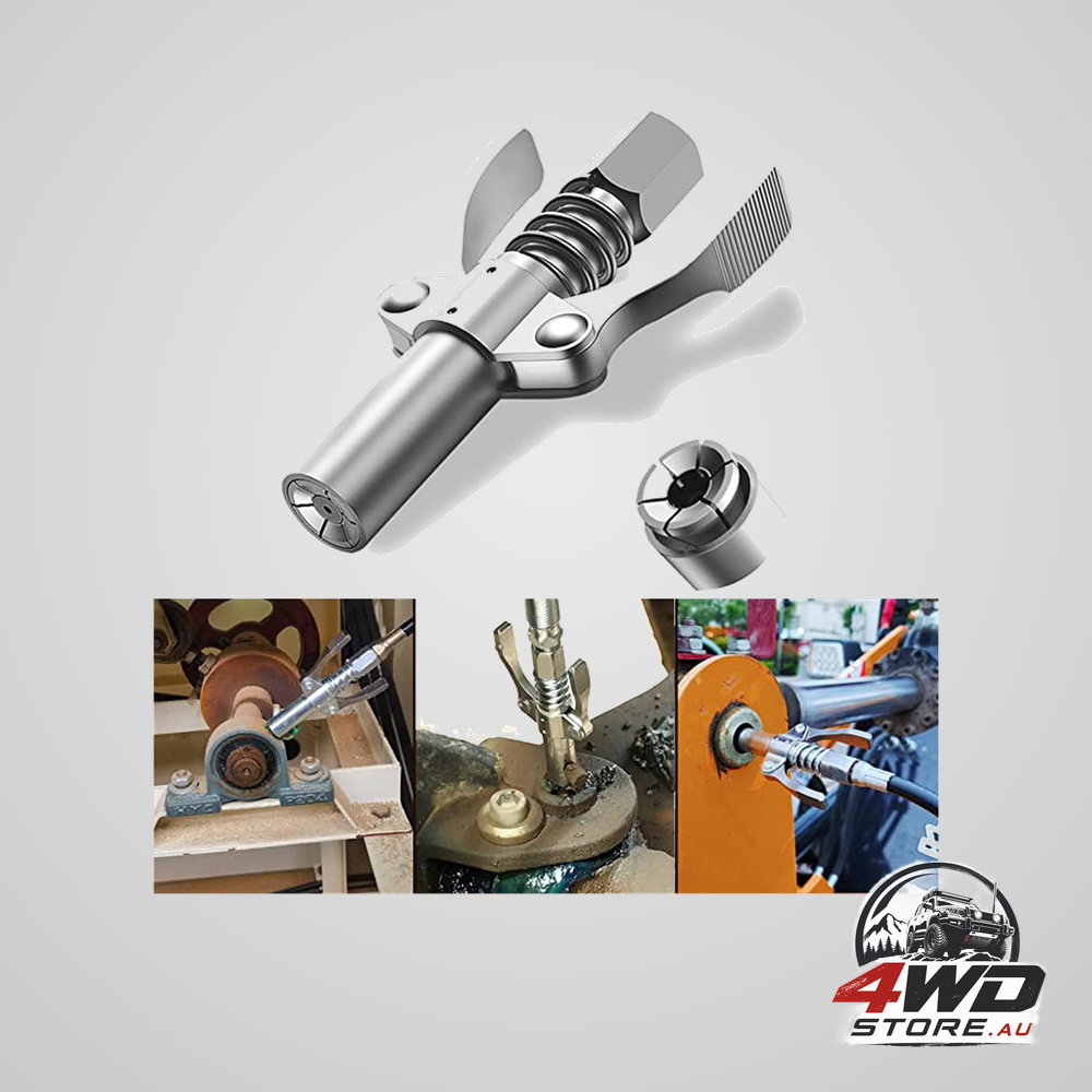 Grease gun coupler, quick lock and release tip, 12000 psi, 1/8 NPT, 3.54 inch, silver