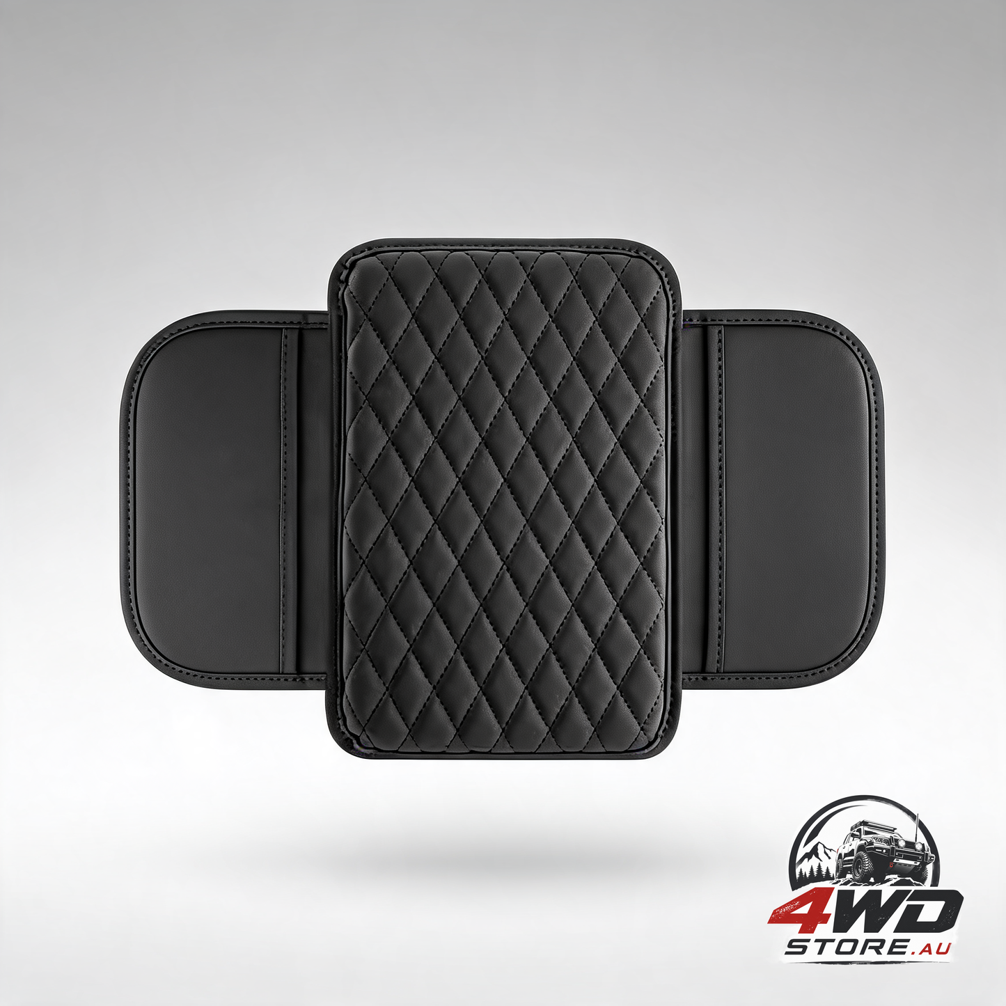 Thin car center console cover, leather and memory foam armrest with 2 storage bags, black