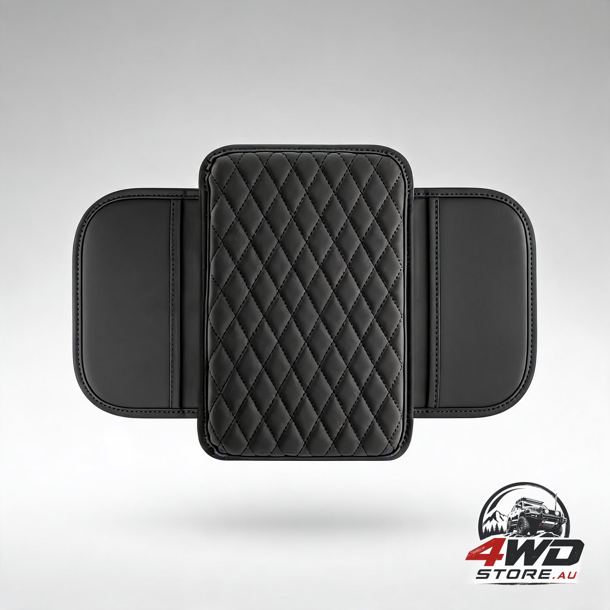 Thin car center console cover, leather and memory foam armrest with 2 storage bags, black