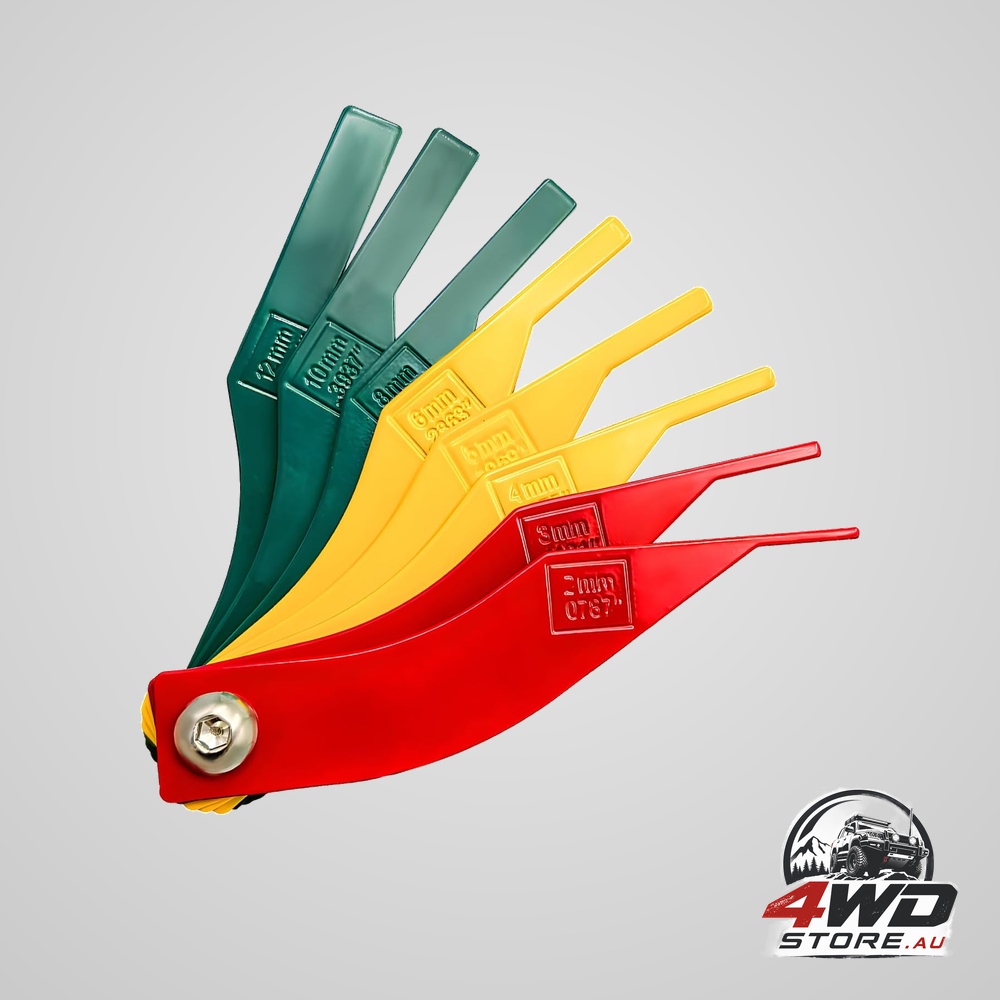 Brake lining thickness gauge, 8 piece colour-coded SAE and metric disc and drum gauge set