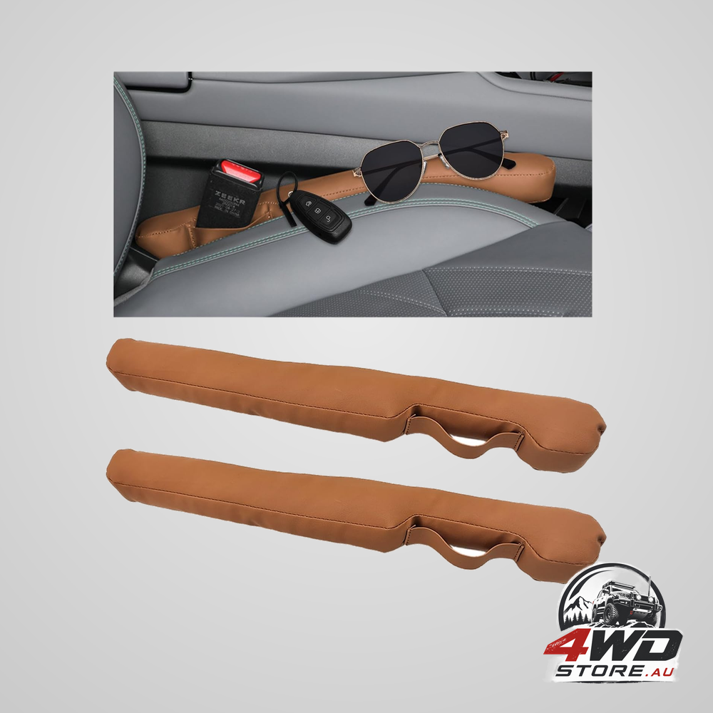 Leather car seat gap filler with securing strap, no-drop side gap plug in brown, 2 pack