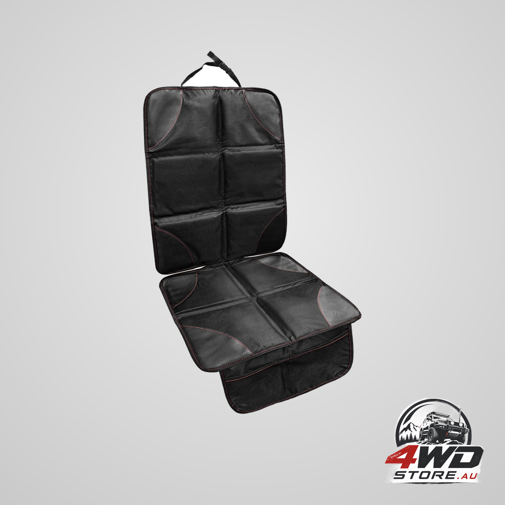 Waterproof 600D car seat protection pad with thick padding and storage pockets in black and red
