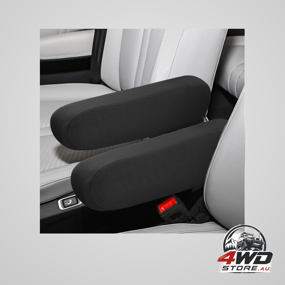 Car front seat armrest covers, elastic stretch fabric protectors in black, 2 pack