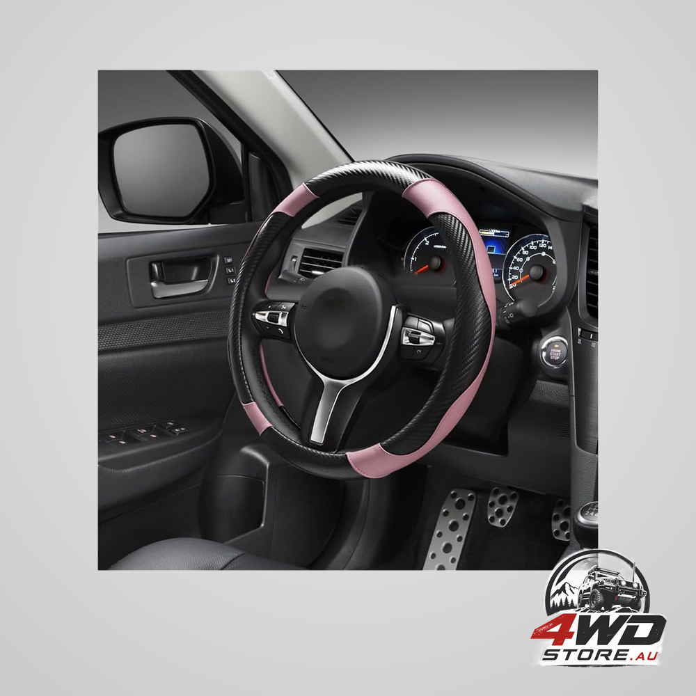 15 inch carbon fibre leather car steering wheel cover, anti-slip protector in black and pink